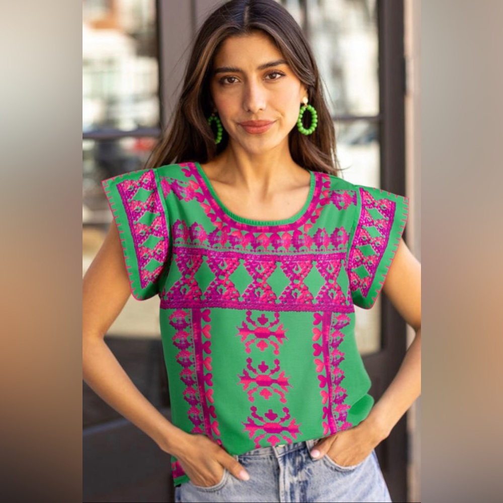 NWT Rose Pink & Green Printed Boho Abstract Cap Short Sleeve Blouse Small Medium